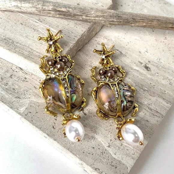 NEW~ Anthropologie Abalone Shell & Pearl Bug Earrings - Picture 7 of 9